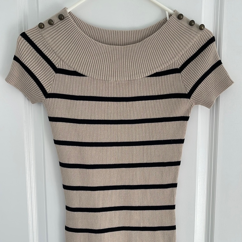 Light Brown with Black horizontal thin stripped knit short sleeve sweater